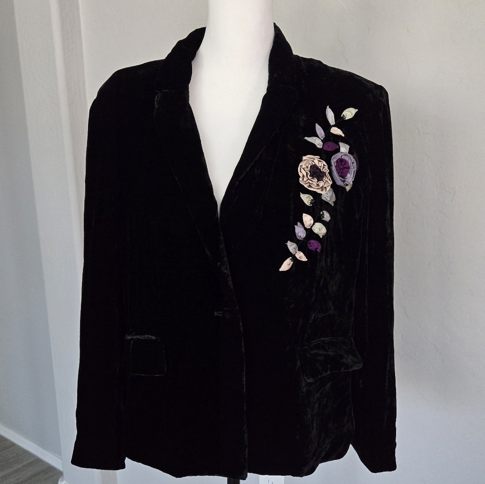 Vintage Velvet Lydia Blazer Boho Floral Embelished Retro Black Silk Blend Sz 12